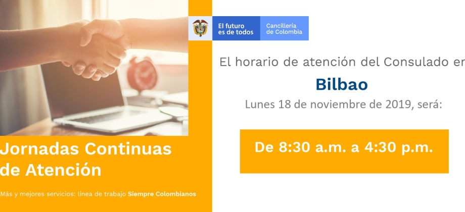 Consulado de Colombia en Bilbao realizará Jornada Continua de Atención el 18 de noviembre 