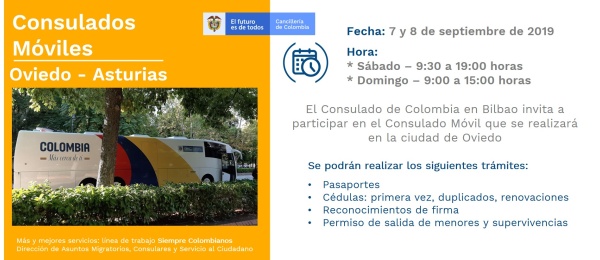 El Consulado de Colombia en Bilbao realizará la jornada móvil en Oviedo- Asturias el 7 y 8 de septiembre de 2019  