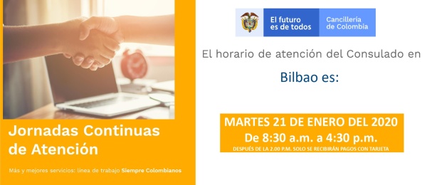 Consulado de Colombia en Bilbao realizará Jornada Continua de Atención el 21 de enero