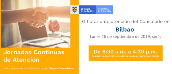Jornada de Atención Continua el lunes 16 de septiembre en el Consulado de Colombia 