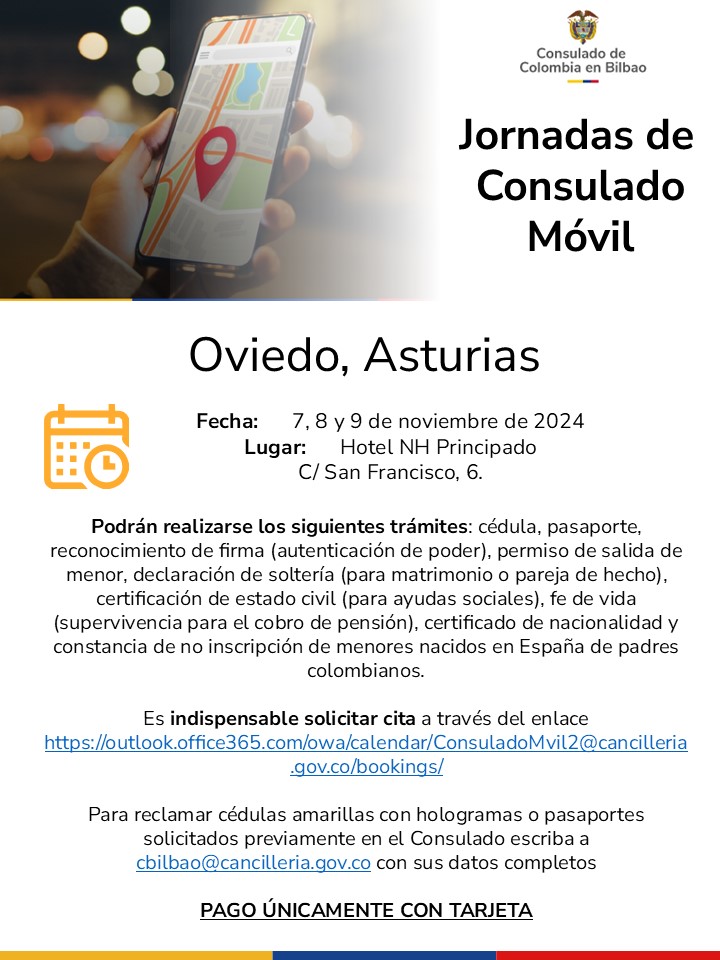 Banner del Consulado Móvil en Oviedo los días 7, 8 y 9 de noviembre de 2024