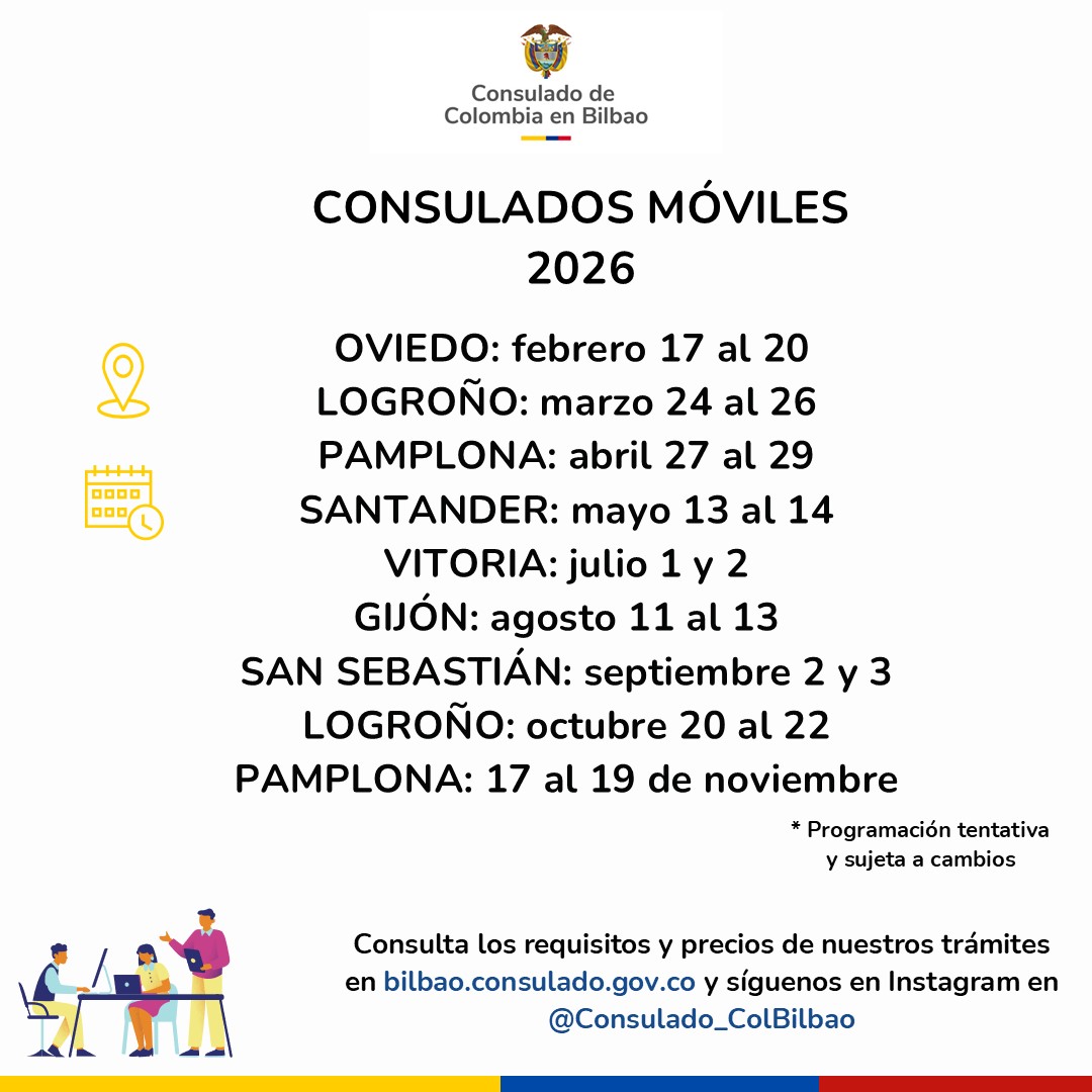 Calendario para las jornadas de Consulados Móviles en 2026 organizadas por el Consulado de Colombia de Bilbao