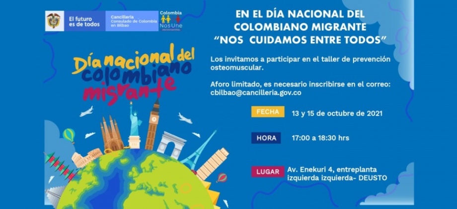 El Consulado de Colombia en Bilbao invita al taller de prevención osteomuscular, los días 13 y 15 de octubre de 2021 