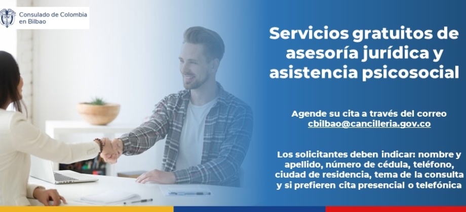 Servicios gratuitos de asesoría jurídica y asistencia psicosocial en el Consulado de Colombia en Bilbao