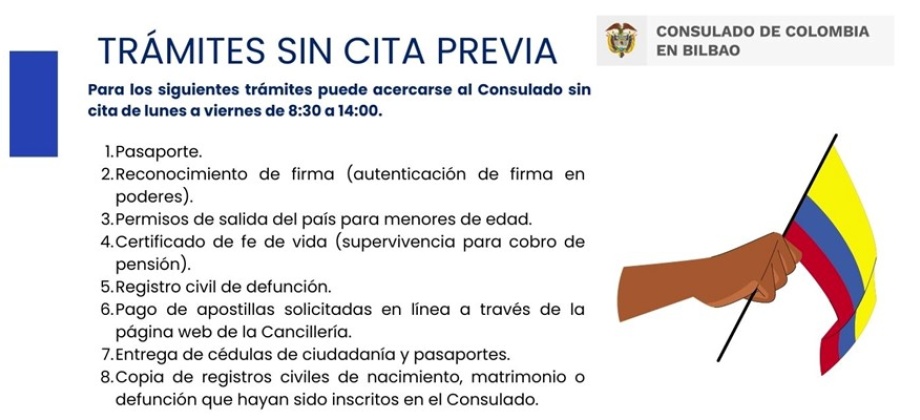 Consulado de Colombia en Bilbao informa los trámites que no requieren cita
