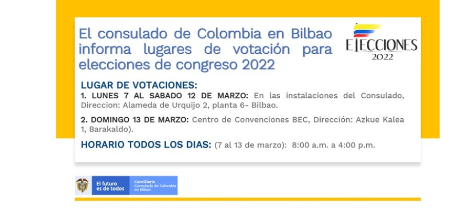 El Consulado de Colombia en Bilbao informa lugares de votación para elecciones de congreso