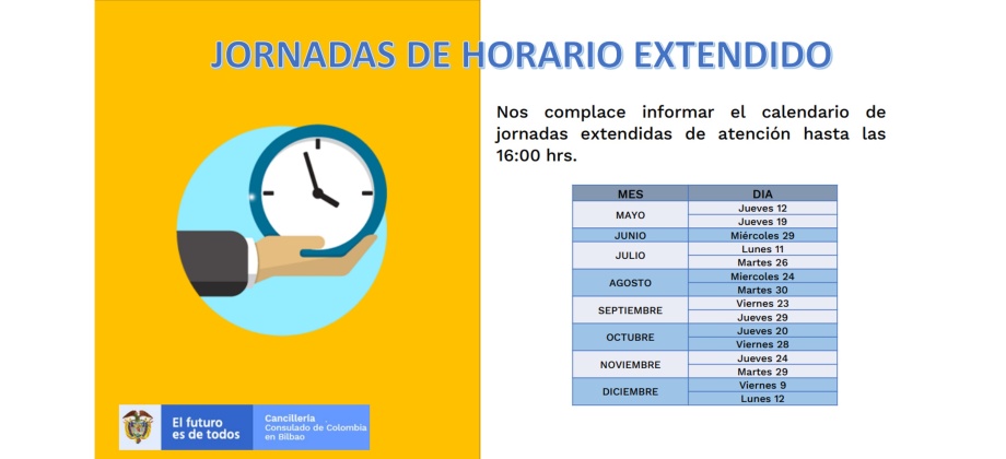 El Consulado de Colombia en Bilbao informa las jornadas de horario extendido programadas para 2022