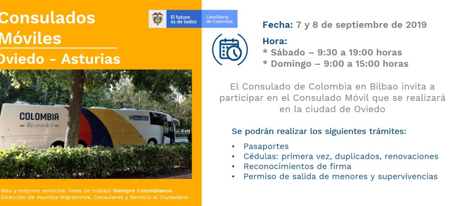 El Consulado de Colombia en Bilbao realizará la jornada móvil en Oviedo- Asturias el 7 y 8 de septiembre de 2019  