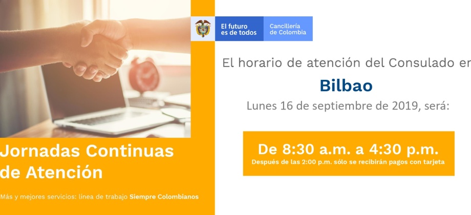 Jornada de Atención Continua el lunes 16 de septiembre en el Consulado de Colombia 