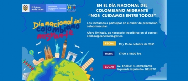 El Consulado de Colombia en Bilbao invita al taller de prevención osteomuscular, los días 13 y 15 de octubre de 2021 