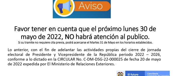 Este lunes 30 de mayo de 2022 no habrá atención al público en el Consulado de Colombia en Bilbao