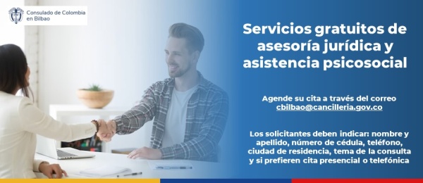 Servicios gratuitos de asesoría jurídica y asistencia psicosocial en el Consulado de Colombia en Bilbao