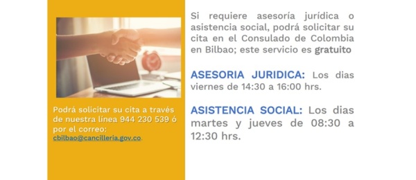 Consulado de Colombia en Bilbao informa los horarios de asesoría jurídica y asistencia social 