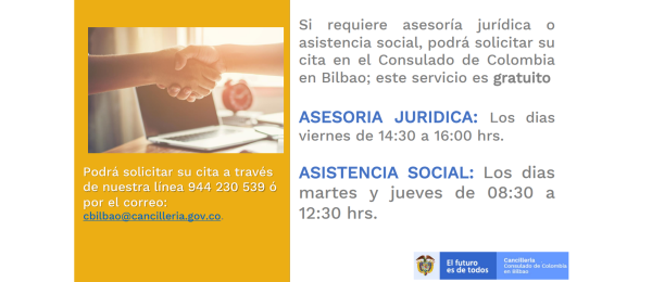 Consulado de Colombia en Bilbao informa los horarios de asesoría jurídica y asistencia social 