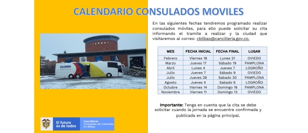 El Consulado de Colombia en Bilbao informa las fechas programadas de Consulados Móviles durante el 2022