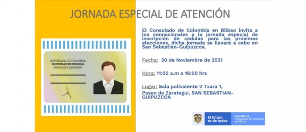 El Consulado de Colombia en Bilbao realizará en San Sebastian-Guipúzcoa una jornada especial de inscripción de cédulas para las próximas elecciones, el 20 de noviembre de 2021