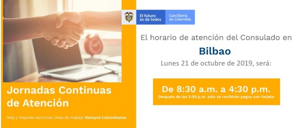 Jornada Continua de Atención el 21 de octubre en la sede del Consulado de Colombia 