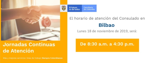 Consulado de Colombia en Bilbao realizará Jornada Continua de Atención el 18 de noviembre 